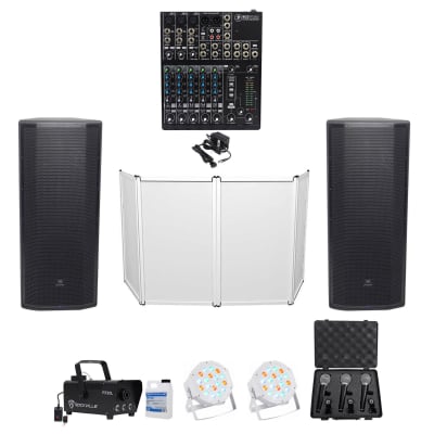 JBL DJ PACKAGE w/ 2) Dual 15” Speakers+Mackie Mixer+Facade+Mics+Fogger+Par Cans image 1