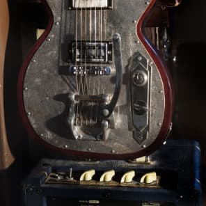 Postal Handmade Gulf Coast Rebel Metal Top Silver Plate and Bloodwood Distressed Bigsby image 4