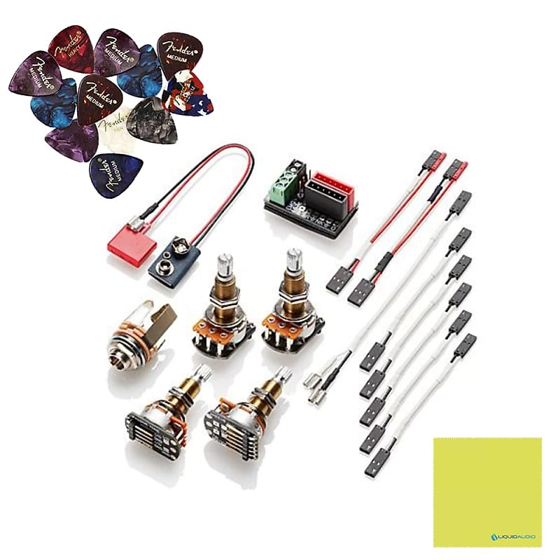 EMG 1 OR 2 PICKUP KIT Solderless Wiring Kit for 1-2 Active Pickups - Short Shaft Bundle w/ 12x Fender Guitar Picks, and Liquid Audio Polishing Cloth image 1