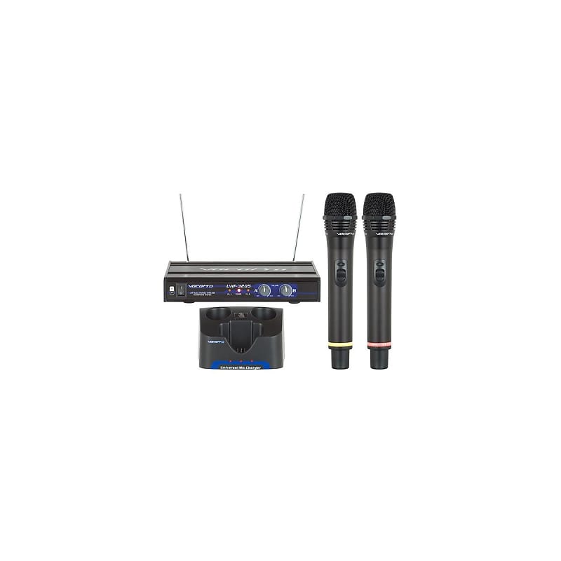 VocoPro UHF 3205 10 UHF Dual Channel Rechargeable Wireless Microphone System with UHF 3205 Receiver and 2x Handheld Mic Frequency Sets 9M 9N