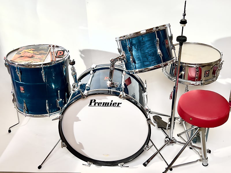 Vintage Premier 4-pc drum kit with all hardware 12/16/22/snare 1970 - Blue Shimmer image 1