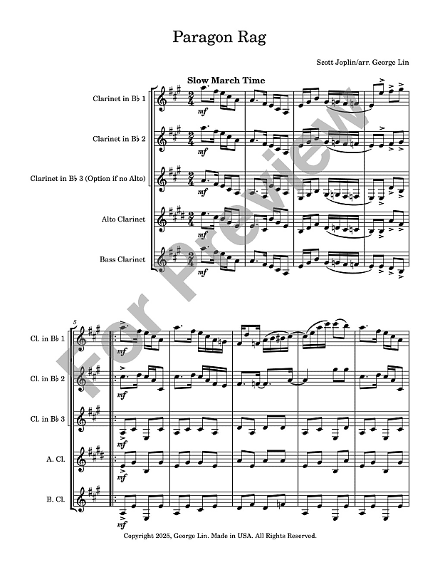 Clarinet Quartet Sheet Music - Paragon Rag (Scott Joplin). Arranged for clarinet quartet. Full Score and Parts. image 1