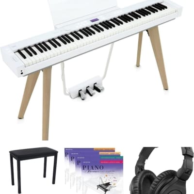 Casio Privia PX-S7000 Piano - White with Stand and 3 Pedals, Deluxe Piano Bench, Faber Piano Adventures Primer Level Learning Library Pack, and Sennheiser HD 280 Pro Headphones (White)