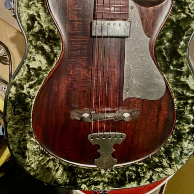 Scott Walker Katana Guitar!  As~New Elegant and simple solid body one piece old growth Curly Mahogany~Oiled, Damascus Steel Tailpiece and Pickguard, Johnny Smith pickup, Calton HSC, COA and more! for sale