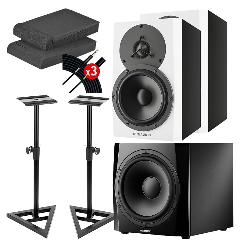 Dynaudio LYD 5 5″ Powered Studio Monitor White (Pair) - Monitor Stands - Foam Pads - (3) Mogami Cable - Dynaudio Core Sub Quad 9″ Powered Studio Subwoofer image 1