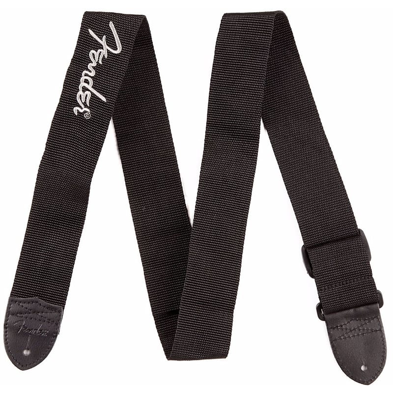Fender Poly Guitar Strap with Leather Ends, Black w/ Grey Logo image 1
