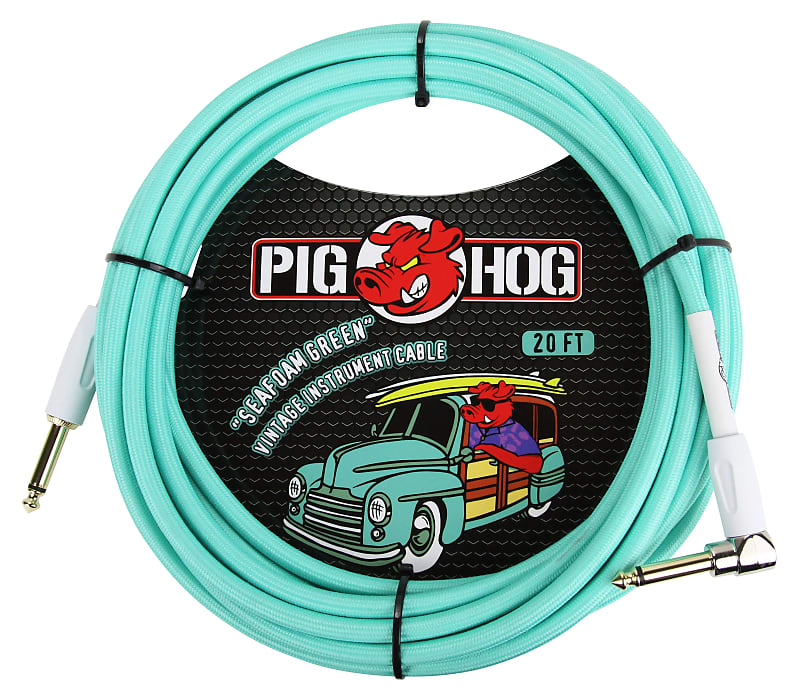 Pig Hog PCH20SGR Vintage Series 1/4" TS Straight to Right-Angle Instrument/Guitar Cable - 20' - Seafoam Green image 1