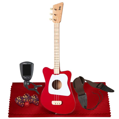 Loog Mini Acoustic Guitar (Red) Comes Ready to Play with Regular Guitar Strings, 3 Notes, Standard Tuning Great for Riffing, with Lessons, Flashcards Great for Children w/ Basic Accessories Bundle image 1