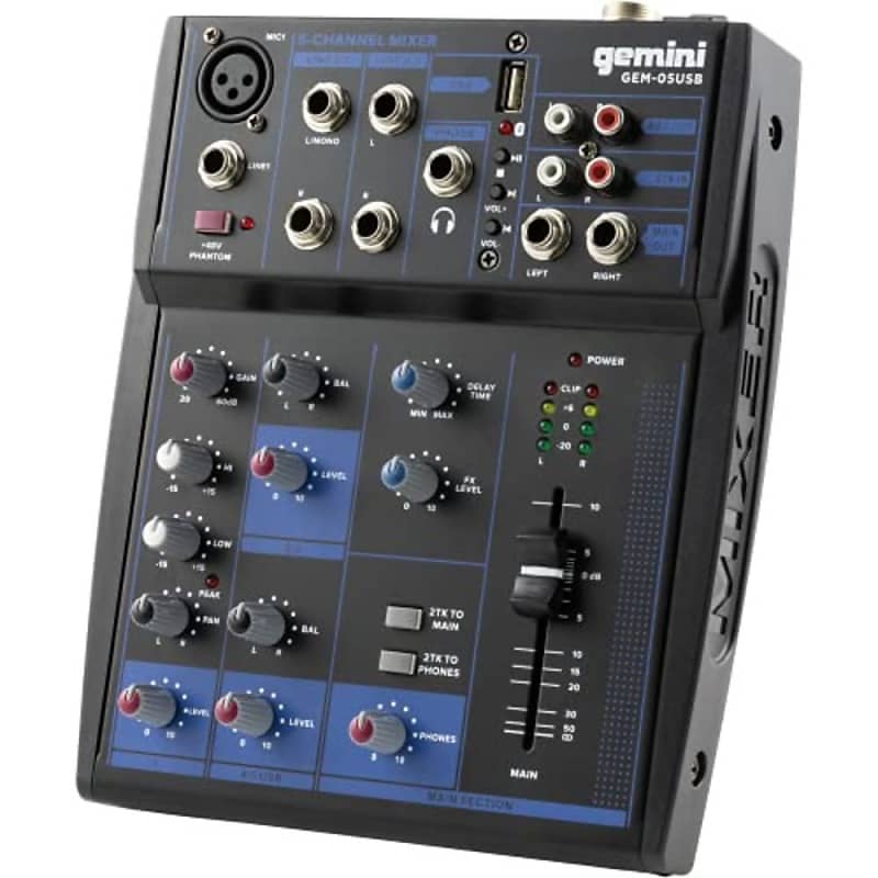 Gemini Sound GEM-05USB - 5-Channel Bluetooth Audio Mixer, USB Playback, Compact DJ Mixer Console with Phantom Power, 2-Band EQ, and FX Control image 1