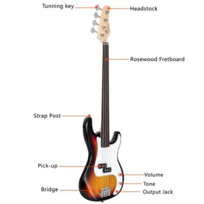Glarry 4 String Fretless Bass Guitar - Sunburst image 20
