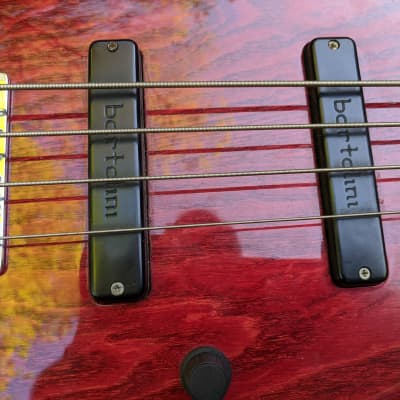2007 Zon Sonus 4 String Bass, Ash, Trans Red, Custom Bartolinis, 24 Fret Neck, Bag image 5