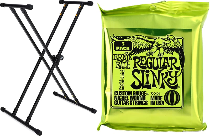 On-Stage KS8191 Bullet Nose Keyboard Stand with Lok-Tight Attachment  Bundle with Ernie Ball 3221 Regular Slinky Nickel Wound Electric Guitar Strings - .010-.046 Factory 3-pack image 1