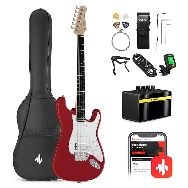 39 Inch Electric Guitar Beginner Kit Red Full Size Solid Body Hss