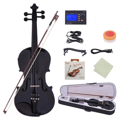 Glarry GV102 4/4 Solid Wood EQ Violin Case Bow Violin Strings Shoulder Rest Electronic Tuner Connecting Wire Cloth 2020s - Black image 5