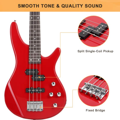 Glarry  Red GIB 4 String Bass Guitar Full Size SS pickups w/20W Amplifier image 3