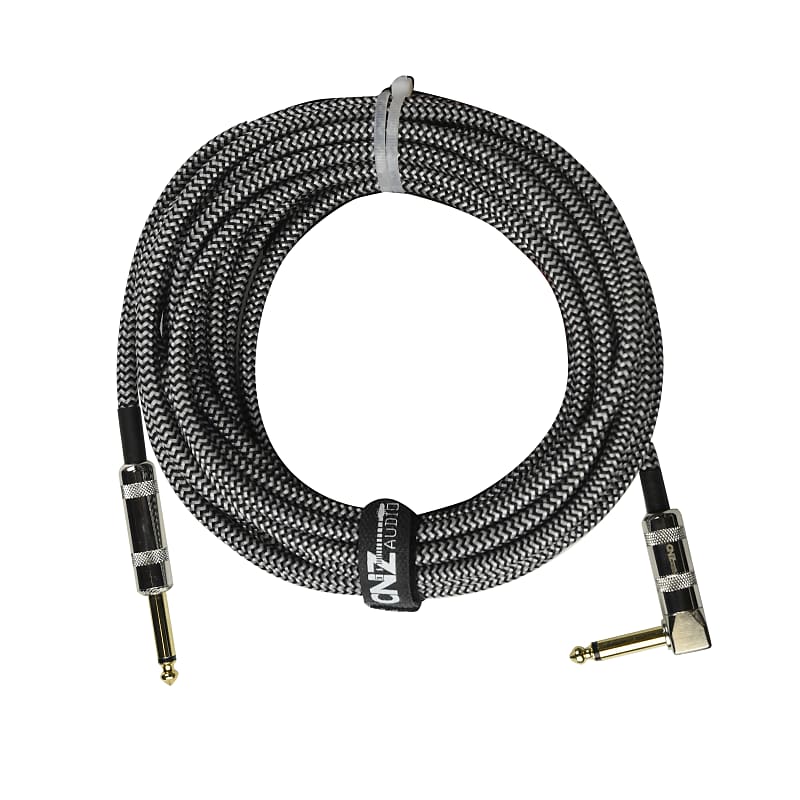 CNZ Audio 20 Ft Premium Instrument Cable, 1/4 In, Straight to Right Angle, Black/White Woven image 1