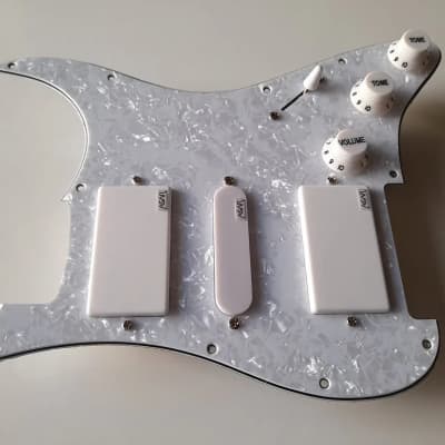 Handmade prewired HSH Neodymium Strat pickguard with HB split switch TR BL and mid PU cutoff switch image 3