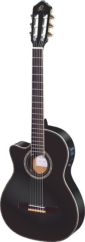 Ortega Guitars RCE145LBK Family Series Pro Left Handed Slim Neck Acoustic Electric Thinline Nylon Classical 6-String Guitar w/ Free Bag, Solid Canadian Engelmann Spruce Top and Mahogany Body, Black Gloss Finish image 1
