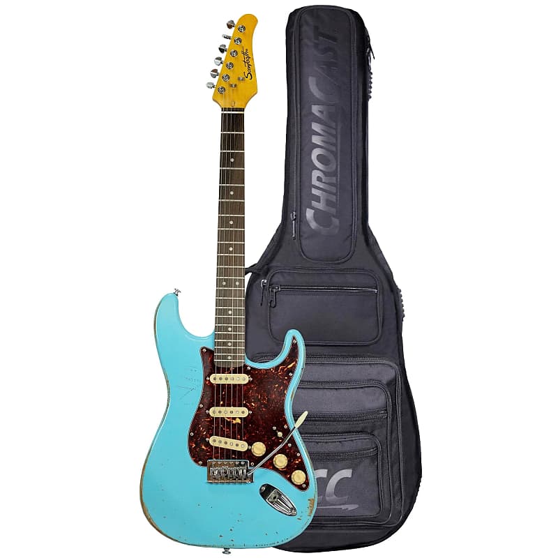 Sawtooth ES Relic Electric Guitar, Aero Blue with Tortoise Pickguard, With  Pro Series Gig Bag