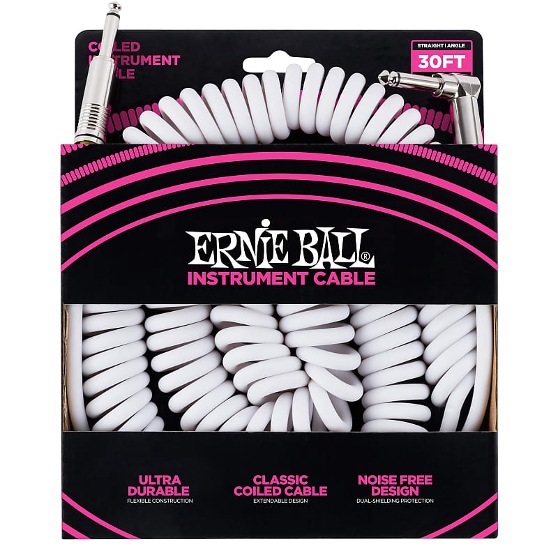 Ernie Ball 6045 Ultraflex 30' Coiled Straight/Angle Instrument Cable, White image 1