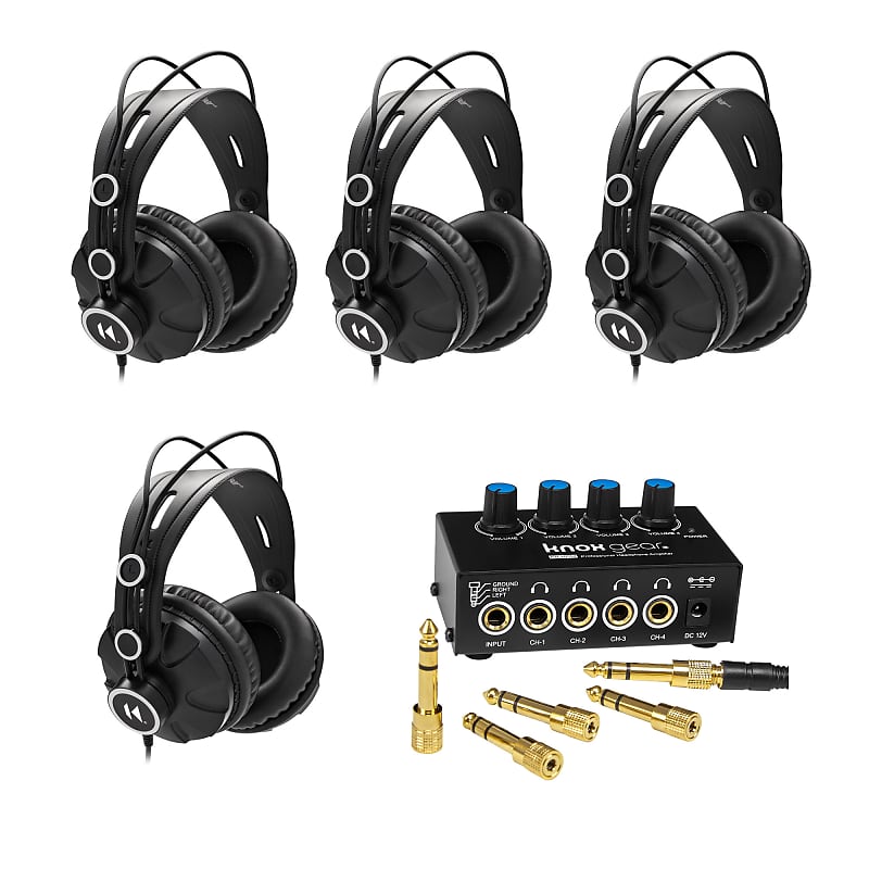 Knox Gear Studio Monitor Headphones 4 Pack with 4 Channel Headphone Amplifier