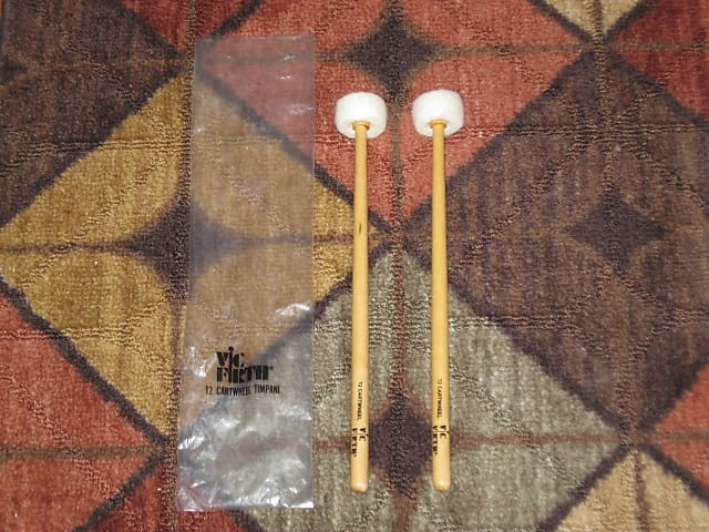 ONE pair new old stock (with packaging) Vic Firth T2 AMERICAN CUSTOM TIMPANI - CARTWHEEL MALLETS (SOFT), Head material / color: Felt / White -- Handle material: Hickory (or maybe Rock Maple) from 2010s (2019) image 1