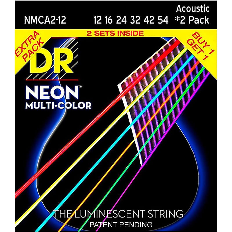 DR Acoustic Guitar Strings 2 Pack K3 NEON​ Multi-Color Light 12s NMCA-2/12 image 1