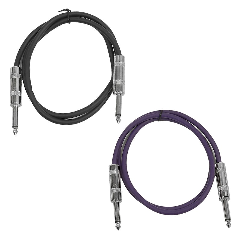 2 Pack of 3 Foot 1/4" TS Patch Cables 3' Extension Cords Jumper - Black & Purple image 1