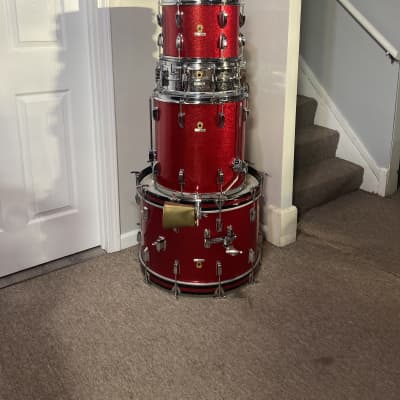 Ludwig No. 980 Super Classic Outfit 9x13 / 16x16 / 14x22" Drum Set with Keystone Badges 1967 - Red Sparkle W/ matching Supra-Phonic 400 5x14” snare W/ all original hardware in boxes image 3