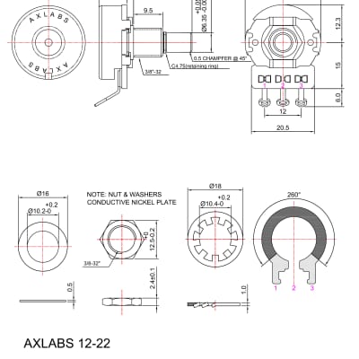 AxLabs 250K Audio Taper Potentiometer -  Medium 3/4" Length, Solid 3/8" Shaft image 3
