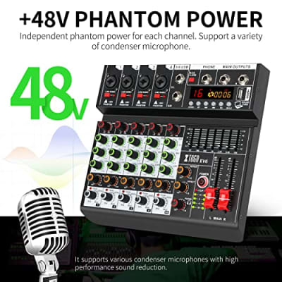 XTUGA EV6 Professional 6 Channel Audio Mixer with 16 DSP Effects,7-band EQ,Independent 48V Phantom PowerBluetooth Function,USB Interface Recording for Studio/DJ Stage/Party/Home Recording image 3