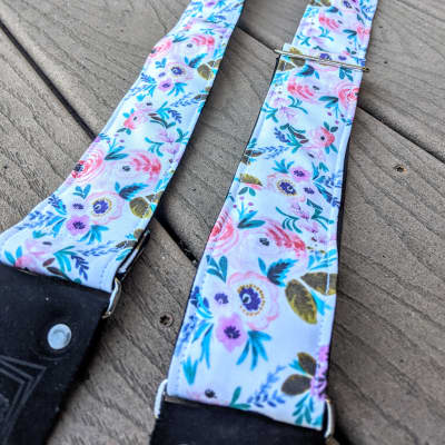 Rockit Music Gear Pink, Teal, Purple, Green and White Spring Floral Print Handmade Guitar Strap White image 3