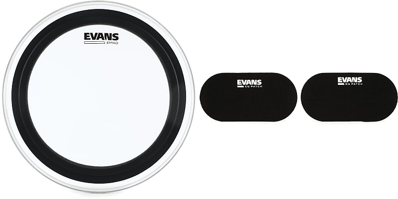 Evans EMAD Clear Bass Drum Batter Head - 16 inch  Bundle with Evans PB2 Double Bass Drum Patch (pair) - Black Nylon image 1