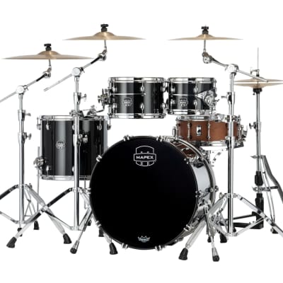 MAPEX SATURN EVOLUTION CLASSIC MAPLE 4-PIECE SHELL PACK - HALO MOUNTING SYSTEM - MAPLE AND WALNUT HYBRID SHELL - FINISH: Piano Black Lacquer (PB)  HARDWARE: Chrome Hardware (C) image 3