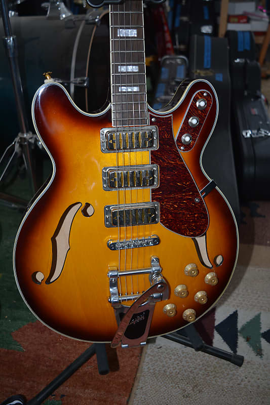 Eastwood Airline H78 DXL Semi-Hollowbody in Honeyburst w/Bigsby, New Gold Dunlop Straploks and New Gator HSC image 1