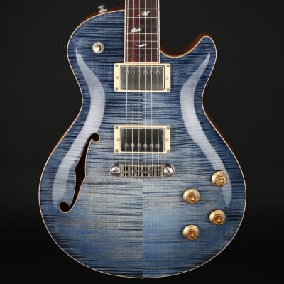 Patrick James Eggle Macon Master Grade Carve Top Semi-Hollow with Falling Leaves Inlay in Denim Blue Burst #30964 for sale
