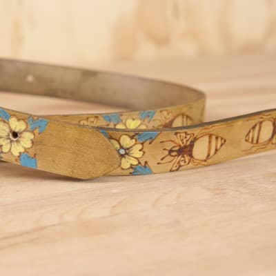 Leather top Ukulele Strap - Melissa pttern with flowers and bees - Gold turquoise and antique brown - Kids guitar strap - Handmade leather