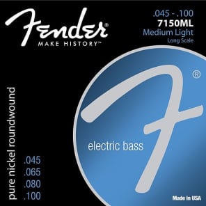 Fender 7150 Bass Strings, Pure Nickel, Roundwound, Long Scale, 7150ML .045-.100 Gauges, (4) Standard