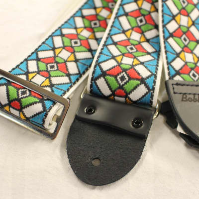 Souldier Guitar Strap Vintage Stained Glass Blue w/ black leather ends *Free Shipping in the USA* image 2