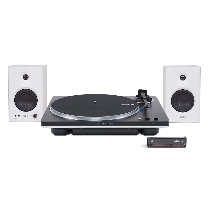 Audio-Technica: AT-LP70X / Edifier MR4 / Turntable Package Black Turntable / White Speakers  			