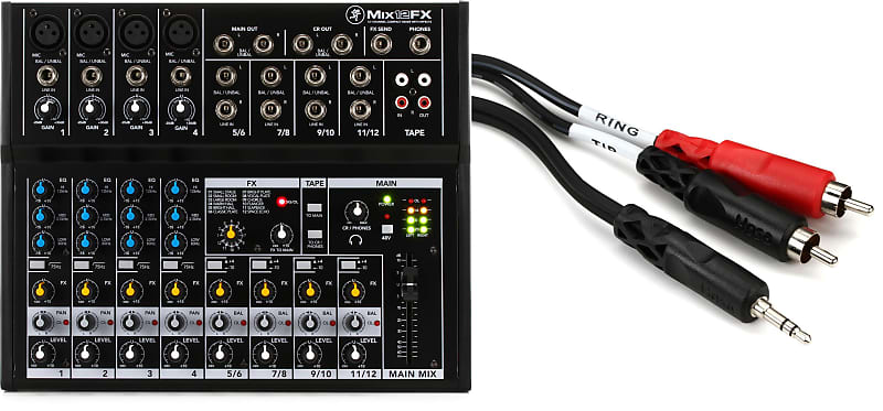 Mackie Mix12FX 12-channel Compact Mixer with Effects Bundle with Hosa  CMR-210 Stereo Breakout Cable - 3.5mm TRS Male to Left and Right RCA Male -  10