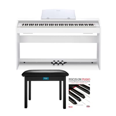 Casio PX-770WE Privia Digital Home Piano (White) with Knox Gear Keyboard Bench (Black) and Learning Book Bundle