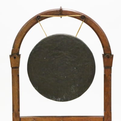 Victorian Era Gothic Revival Dinner Gong 14” Brass Cymbal & Oak Frame Stand Rare Vintage Percussion w/ Mallet image 7