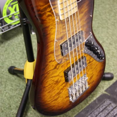 Revelation RBN 5 string bass guitar in quilted maple dark sunburst image 4