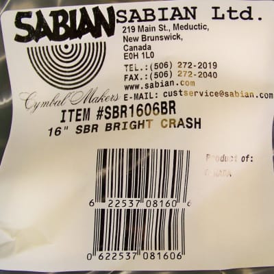 Sabian SBR 16" Bright Crash Cymbal/Model #SBR1606BR/New image 4