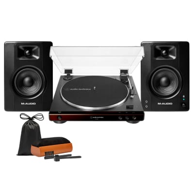 Audio-Technica AT-LP60X Fully Automatic Belt-Drive Stereo Turntable (Brown) with M-Audio BX3BT 3.5-Inch 120W Bluetooth Studio Monitors (Black) and Cleaning Kit image 1