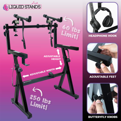 Liquid Stands Dual Piano Keyboard Stand with 2nd Tier - Adjustable Z-Style 2-Tier Heavy-Duty Stand for Synths and Electric Keyboards - Fits 54-88 Key Pianos image 5