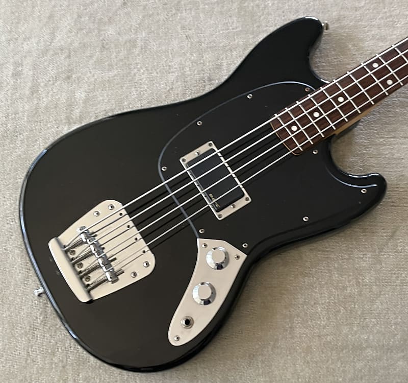 2008 Fender Mustang Bass Black w Matching Headstock MIJ Japan Chrome Logo  USA EMG H4A Mod