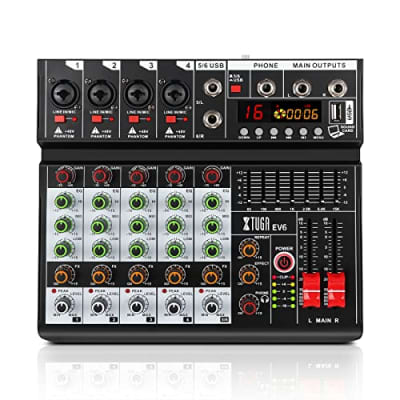 XTUGA EV6 Professional 6 Channel Audio Mixer with 16 DSP Effects,7-band EQ,Independent 48V Phantom PowerBluetooth Function,USB Interface Recording for Studio/DJ Stage/Party/Home Recording image 1