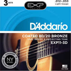 D'Addario EXP11-3D Coated 80/20 Bronze Acoustic Guitar Strings - Light (12-53) 3-Pack